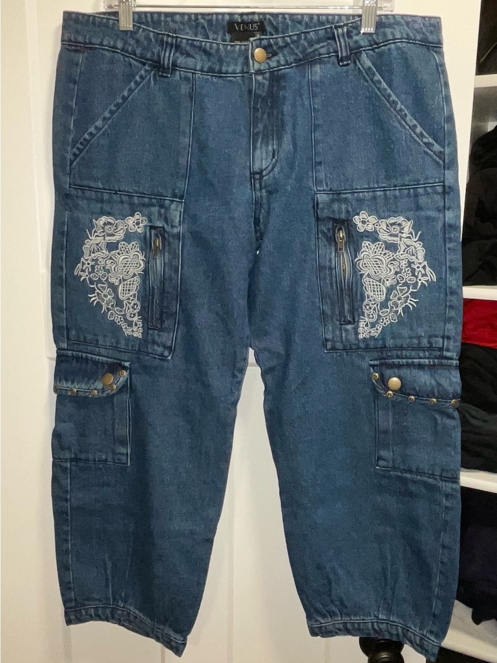 Venus Blue Embroidered Cargo Jeans for Women